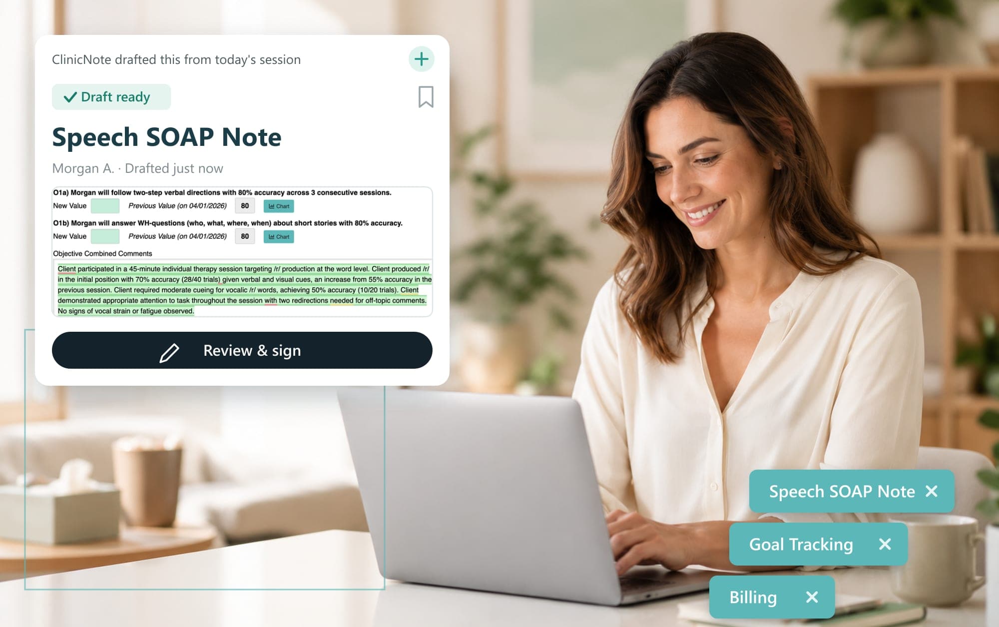 Speech-language pathologist smiling at her laptop while ClinicNote drafts her SOAP note for review and signature